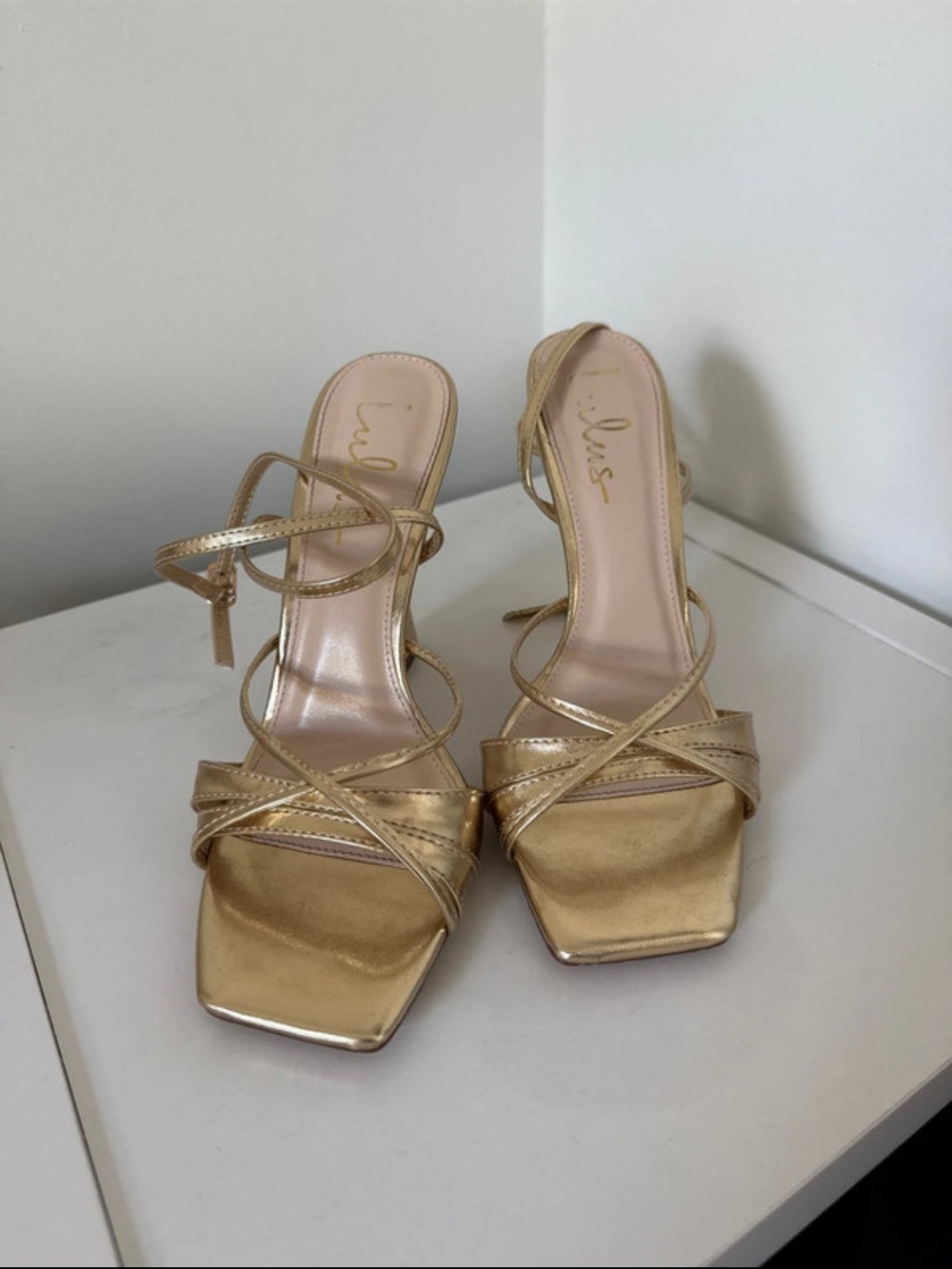 Lulu's Metallic Gold Strappy Square-Toe Heeled Sandals